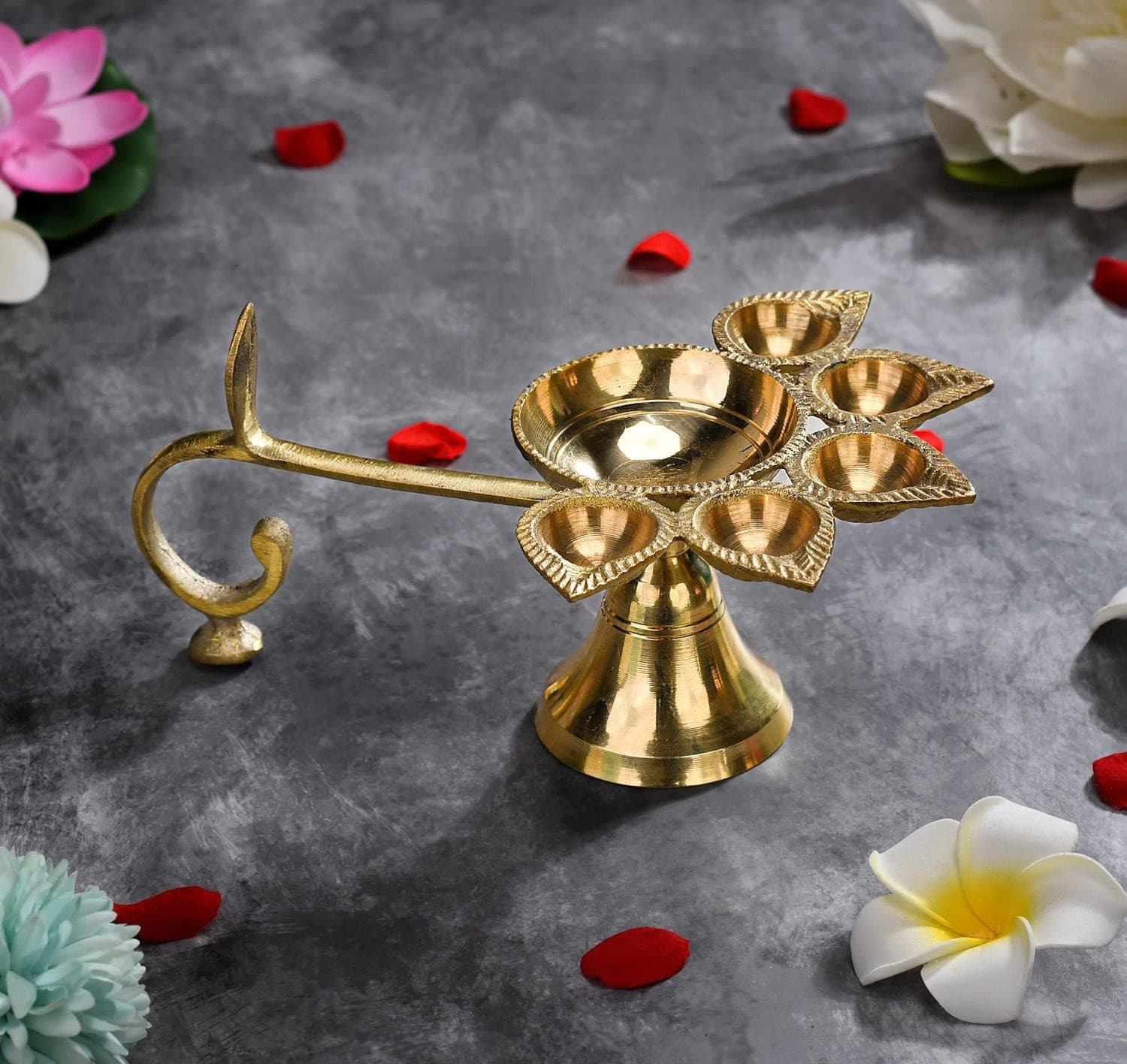 Brass Panch Aarti Diya with Handle