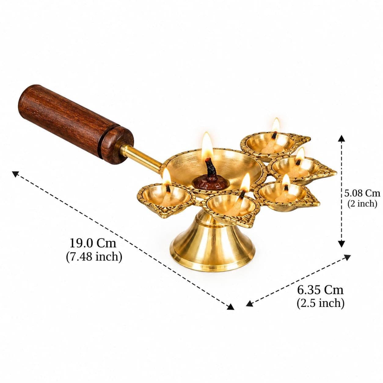 Brass Panch Diya with Wooden Handle